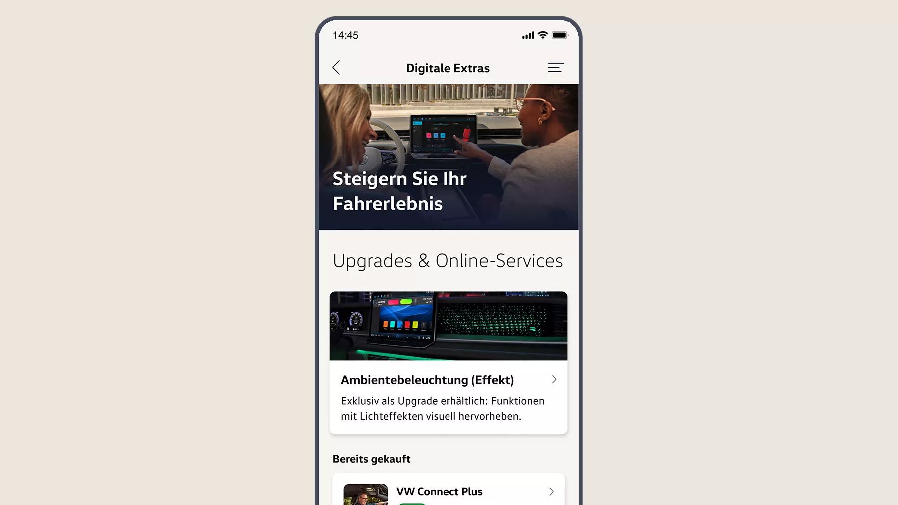 Ansicht „Digitale Extras“ in der Volkswagen App mit Übersicht zu verfügbaren Upgrades.