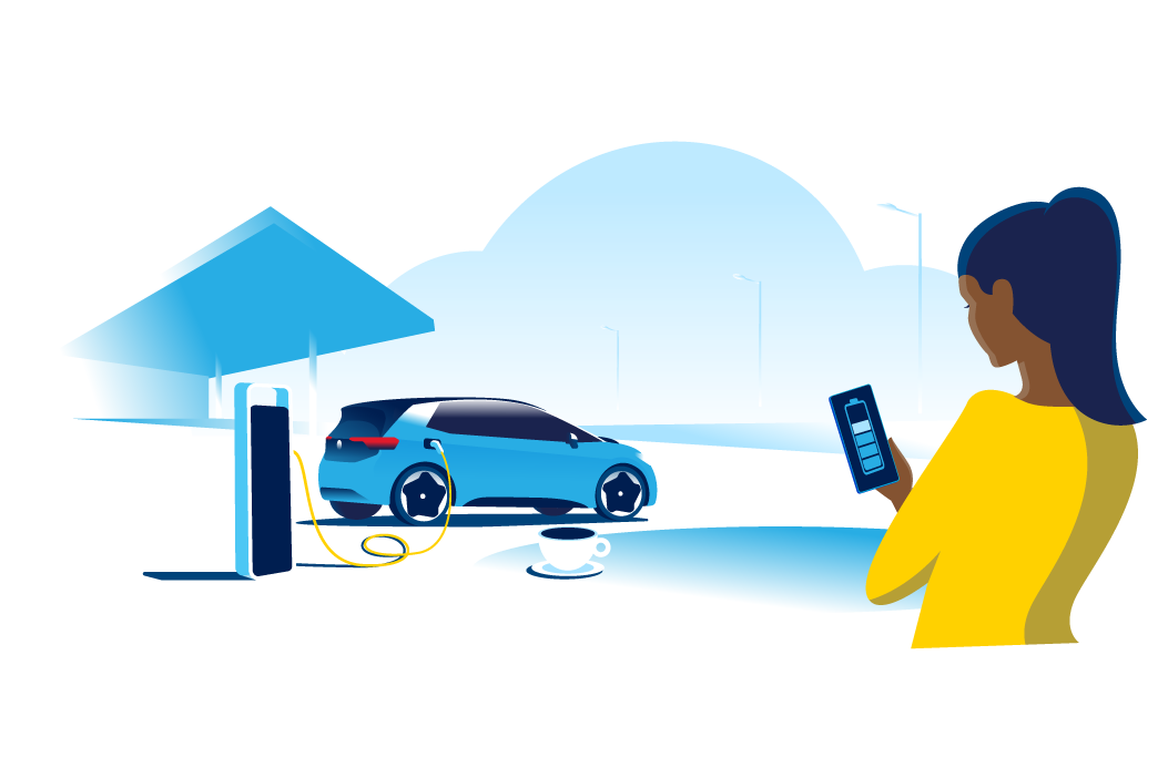 Grafik von einem ID. Modell, welches an einer Ladestation aufgeladen wird und einer Dame, die über ihr Handy den derzeitigen Batteriestand prüft.