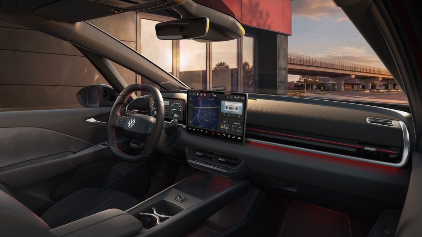 [AI-modified] – Blick auf Infotainment-System und Dekor eines VW ID.3 GTI kurz vor Sonnenuntergang