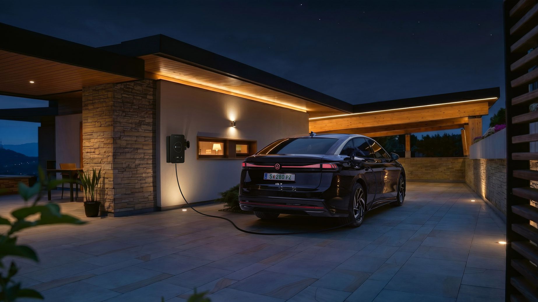 Ein schwarzes Elektroauto steht nachts in der Einfahrt eines modernen Hauses und ist an einer Wallbox zum Laden angeschlossen. Warmes, indirektes Licht an Fassade und Carport beleuchtet die Szene stimmungsvoll. Im Hintergrund sind Berge oder Hügel im Dämmerlicht zu erkennen.