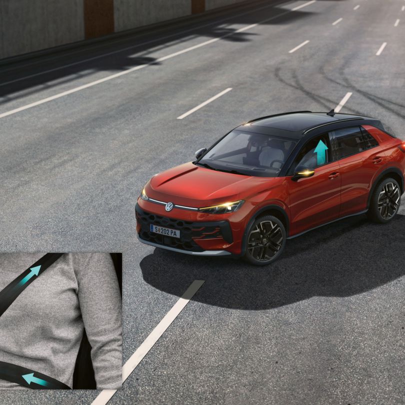 VW T-Roc Illustration zeigt schematisch anhand eines VW T-Roc die Funktionsweise des proaktiven Insassenschutzsystems.