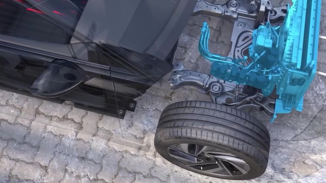 Illustration eines Autos mit transparentem Gehäuse, das die Mechanik darunter zeigt. Zu sehen sind Vorderachse, Räder und in Blau hervorgehoben die Wärmepumpe. Die Innenausstattung des Fahrzeuges ist ebenfalls teilweise sichtbar.