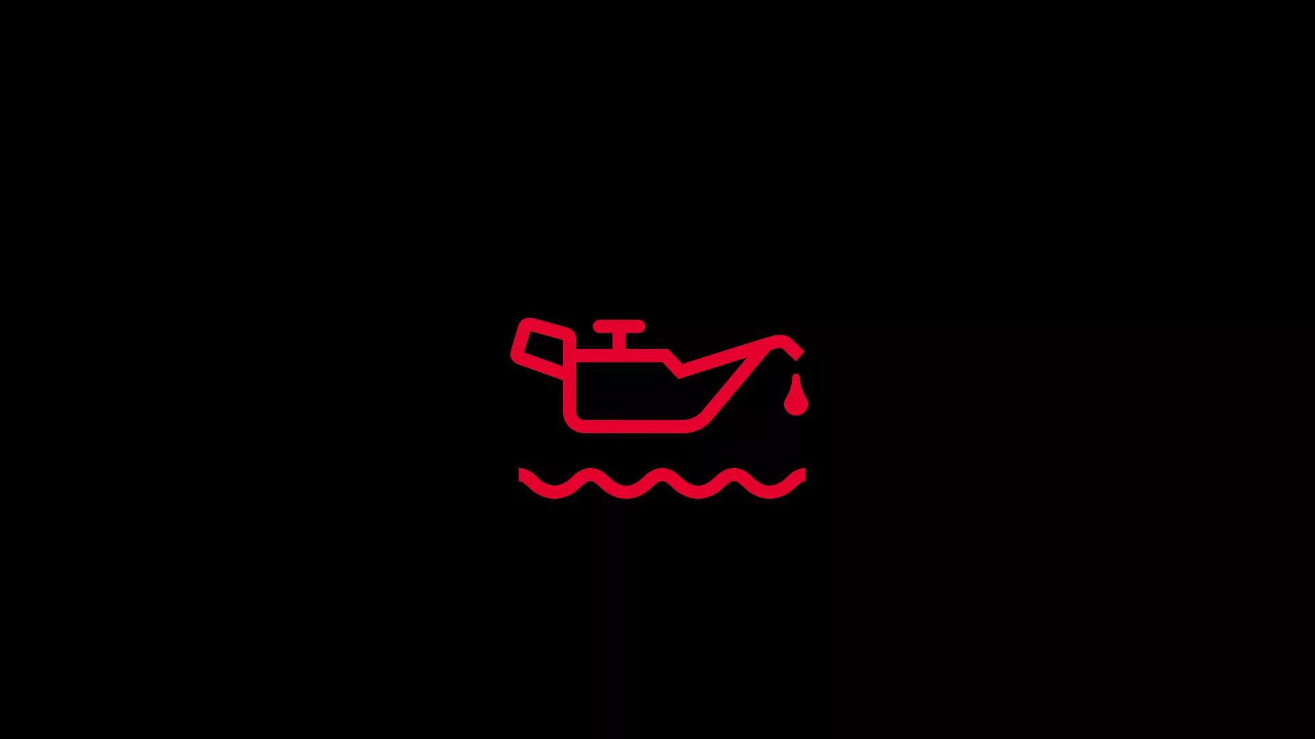 Ein rotes Symbol eines Ölkännchens, aus dem ein Tropfen Öl auf eine Linie mit wellenförmigen Kanten fällt. Dies deutet auf niedriges oder auslaufendes Motoröl hin. Hintergrund ist schwarz.