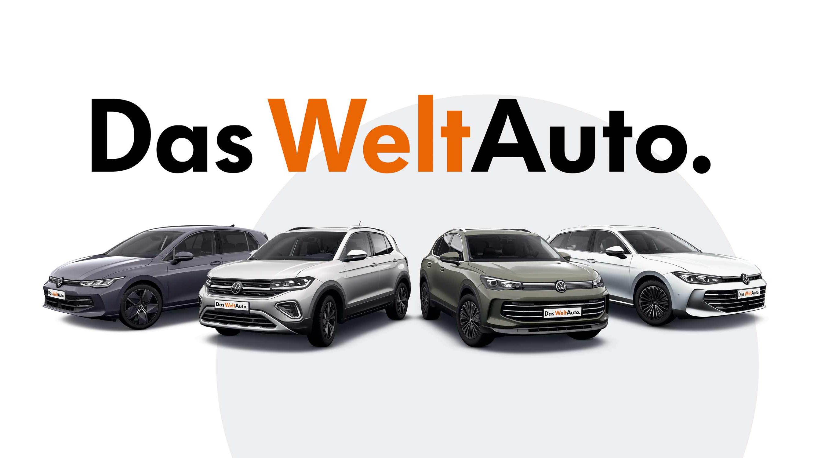 Vier Volkswagen Modelle werden vor einem weißen Hintergrund gezeigt. Oben steht der Schriftzug "Das WeltAuto." in schwarzer und orangener Schrift.
