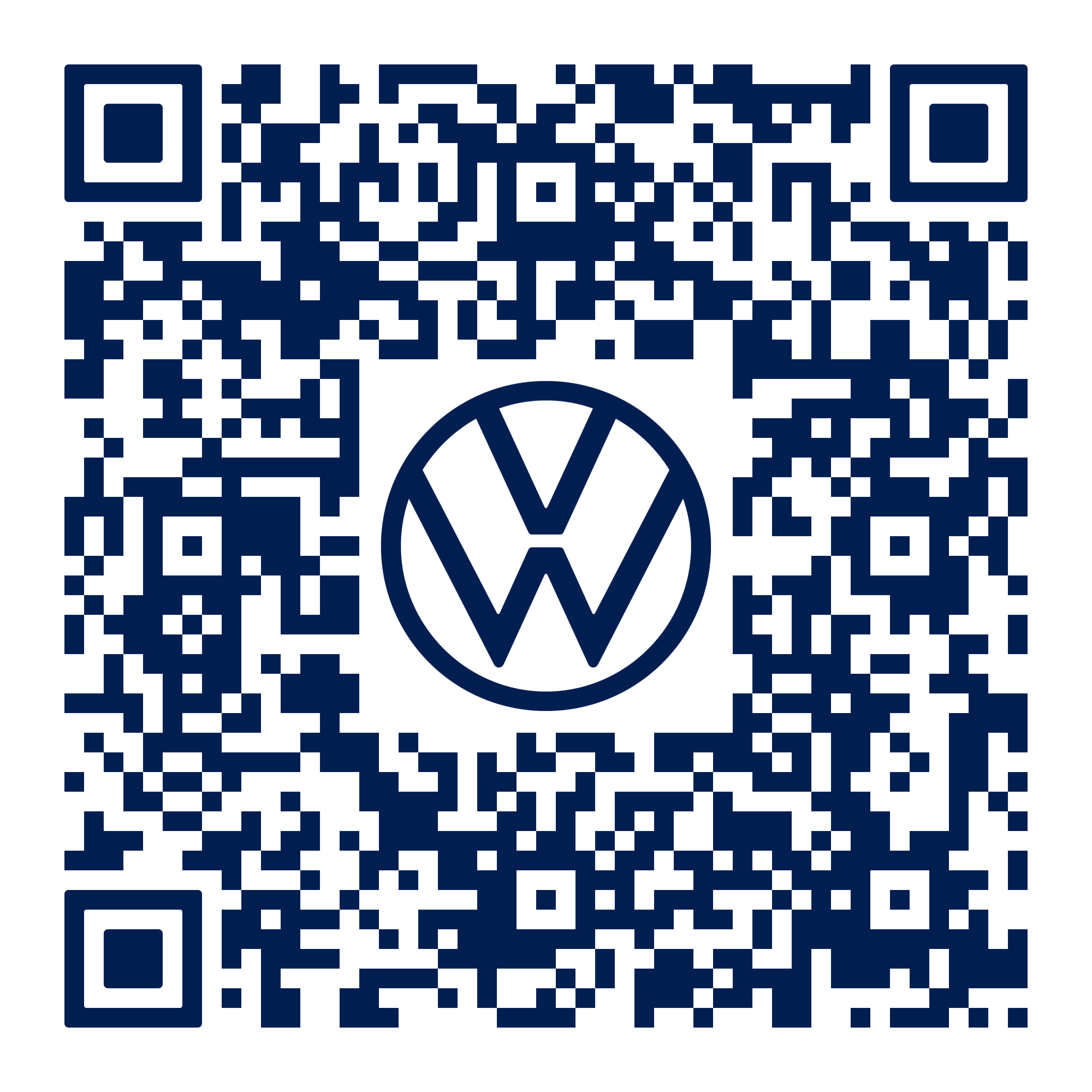 Ein QR-Code in blau-weißer Farbe. In der Mitte des QR-Codes befindet sich das Volkswagen-Logo. Der Code ist auf einem weißen Hintergrund.