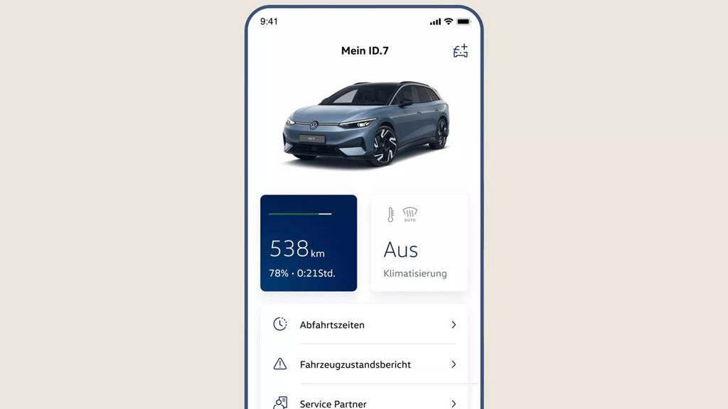 Smartphone-Screenshot der VW App, die einen blauen VW ID.7 von schräg vorne zeigt. Darunter werden Reichweite (538 km, 78 %) und Klimatisierung (Status: Aus) angezeigt. In einer Liste darunter sind weitere Menüpunkte wie Abfahrtszeiten, Fahrzeugzustandsbericht und Service Partner zu sehen.