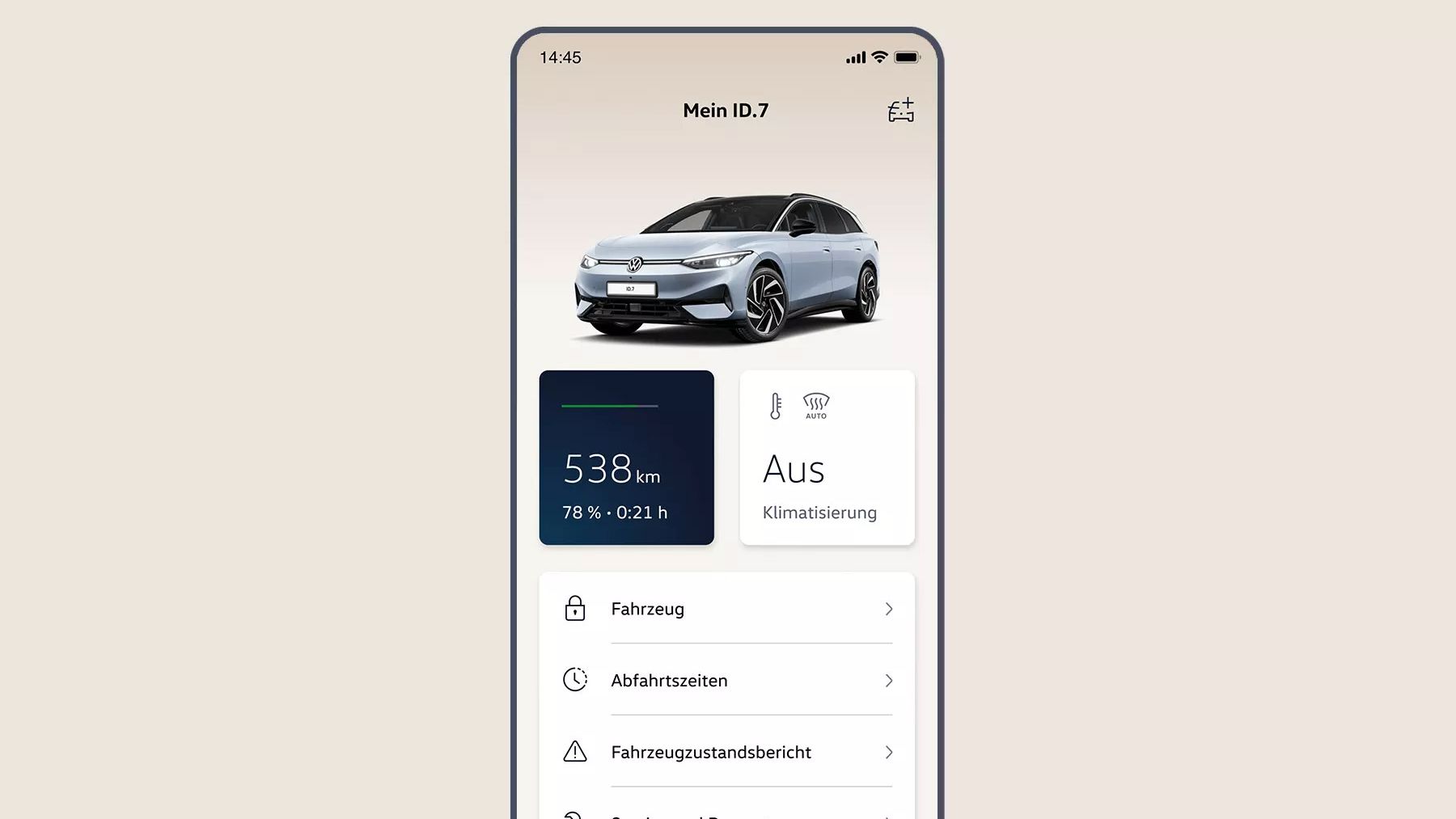 Smartphone-Screenshot der VW App, die einen blauen VW ID.7 von schräg vorne zeigt. Darunter werden Reichweite (538 km, 78 %) und Klimatisierung (Status: Aus) angezeigt. In einer Liste darunter sind weitere Menüpunkte wie Abfahrtszeiten, Fahrzeugzustandsbericht und Service Partner zu sehen.