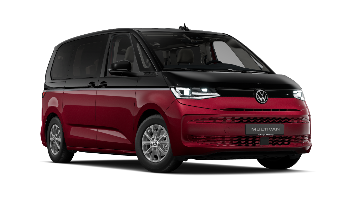 Ein rot-schwarzer VW Multivan schräg von vorne