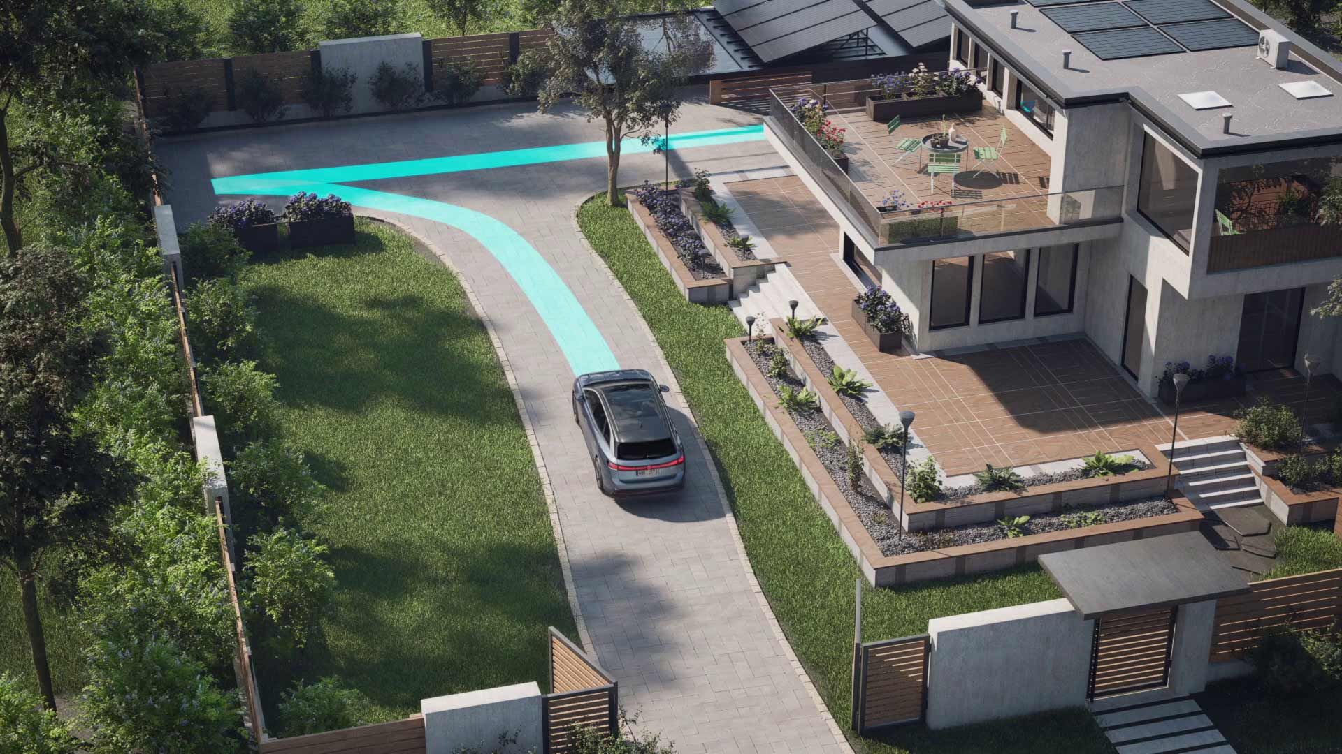 ID.7 von der Vogelperspektive mit dargestellter Park Memory Funktion, welche den Weg zum Einparken in die Garage darstellt.