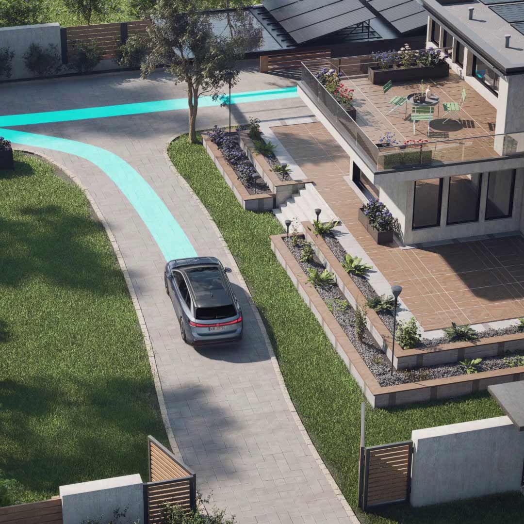 ID.7 von der Vogelperspektive mit dargestellter Park Memory Funktion, welche den Weg zum Einparken in die Garage darstellt.