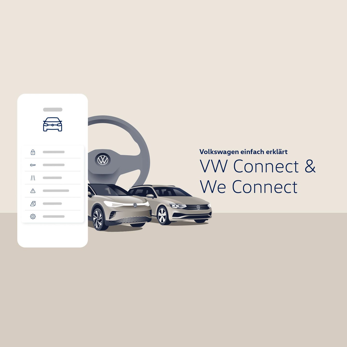 Grafische Darstellung mit drei Volkswagen-Autos vor einem stilisierten Lenkrad und einem großen Smartphone-Screen mit Symbolen für Fahrzeugfunktionen. Rechts steht der Text „Volkswagen einfach erklärt – VW Connect & We Connect“. Das Motiv vermittelt digitale Vernetzung und App-Steuerung von Fahrzeugfunktionen.
