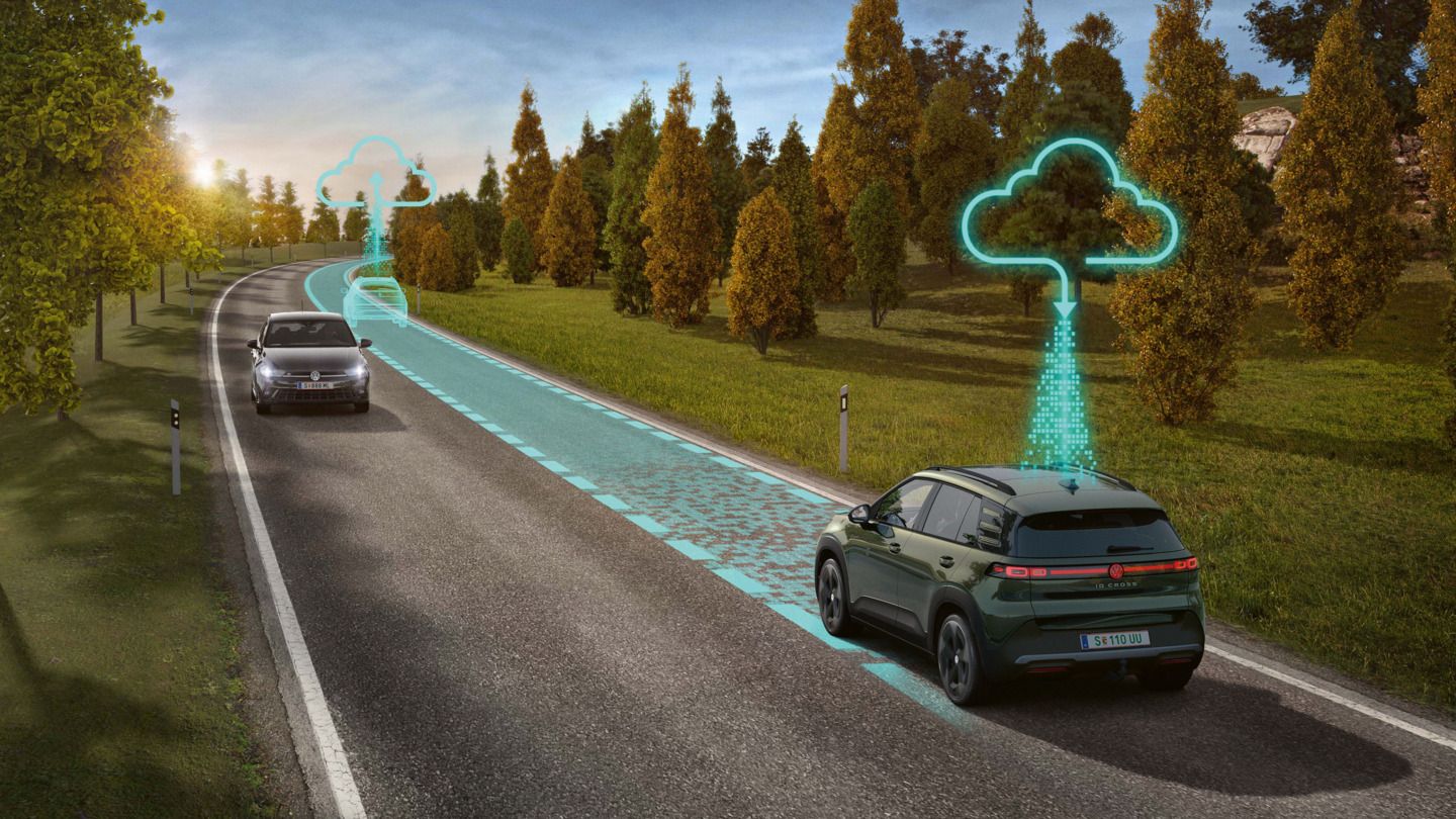 Illustration zeigt schematisch anhand eines grünen ID. Cross die Funktionsweis des Travel Assist
