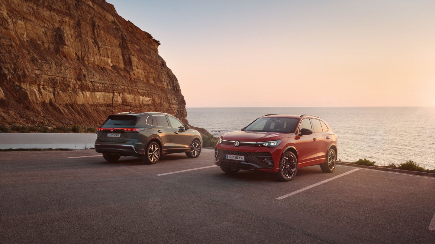 Zwei VW Tiguan geparkt vor der Küste in abendlicher STimmung