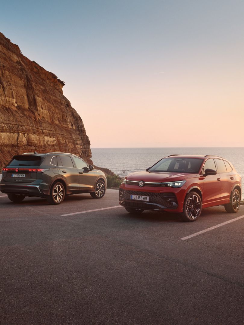 Zwei VW Tiguan geparkt vor der Küste in abendlicher STimmung