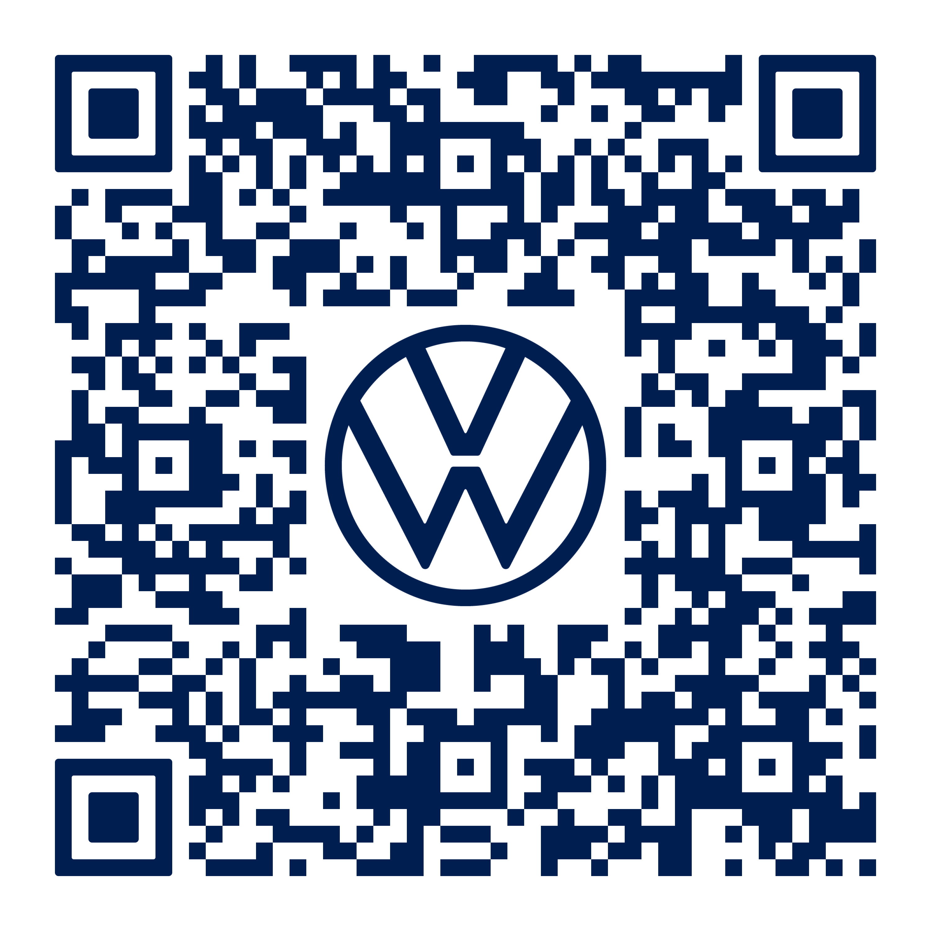 Ein QR-Code in blau-weißer Farbe. In der Mitte des QR-Codes befindet sich das Volkswagen-Logo. Der Code ist auf einem weißen Hintergrund.