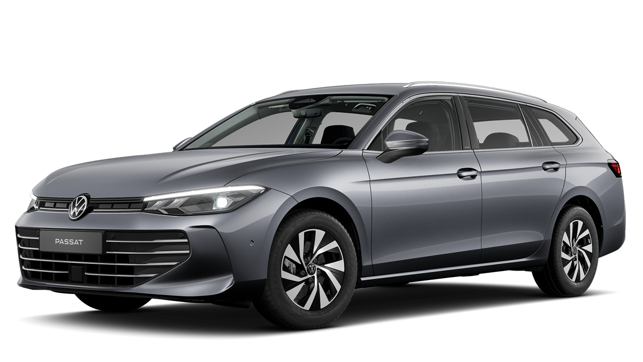 Ein silberner Volkswagen Passat Kombi ist von der Vorderseite und der Seite zu sehen. Das Auto besitzt schlanke LED-Scheinwerfer und modern gestaltete Felgen. Es steht vor einem neutralen weißen Hintergrund.