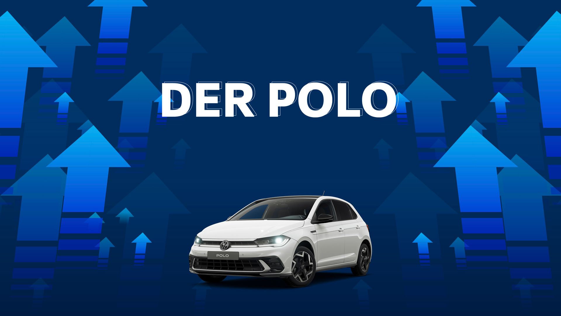 Ein weißer Volkswagen Polo auf einem Hintergrund mit blauen Pfeilen, die nach oben zeigen. Oben in der Mitte steht der Text "DER POLO".