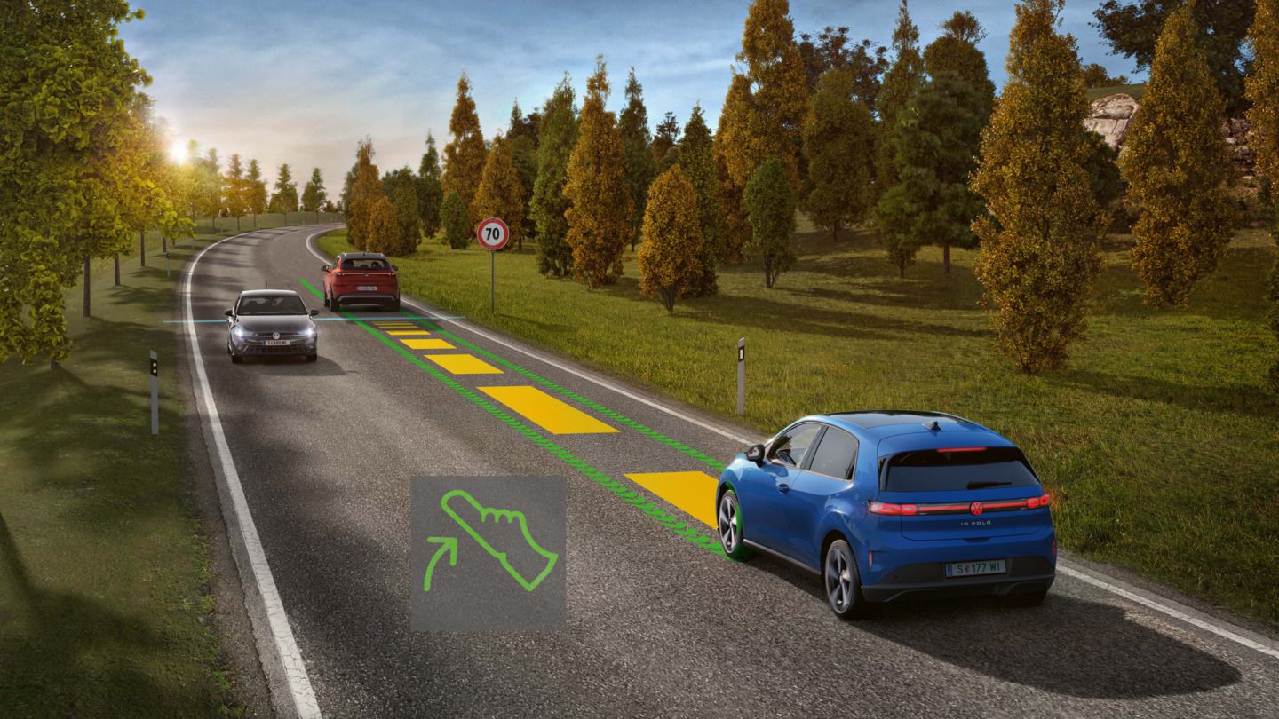 Illustration zeigt schematisch anhand eines blauen VW ID. Polo die Funktionsweis der Eco Assistenz