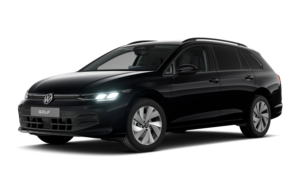 Ein schwarzer Volkswagen Golf Kombi steht vor einem weißen Hintergrund. Das Fahrzeug hat moderne LED-Scheinwerfer und silberne Felgen. Das Nummernschild zeigt den Schriftzug "GOLF".