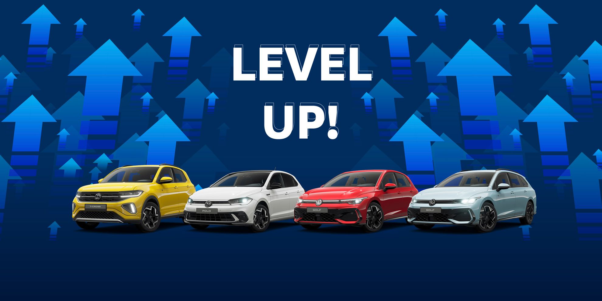 Mehrere Autos in verschiedenen Farben sind nebeneinander aufgereiht. Im Hintergrund sind blaue und grüne Pfeile, die nach oben zeigen. In der Mitte steht der Text "LEVEL UP!".