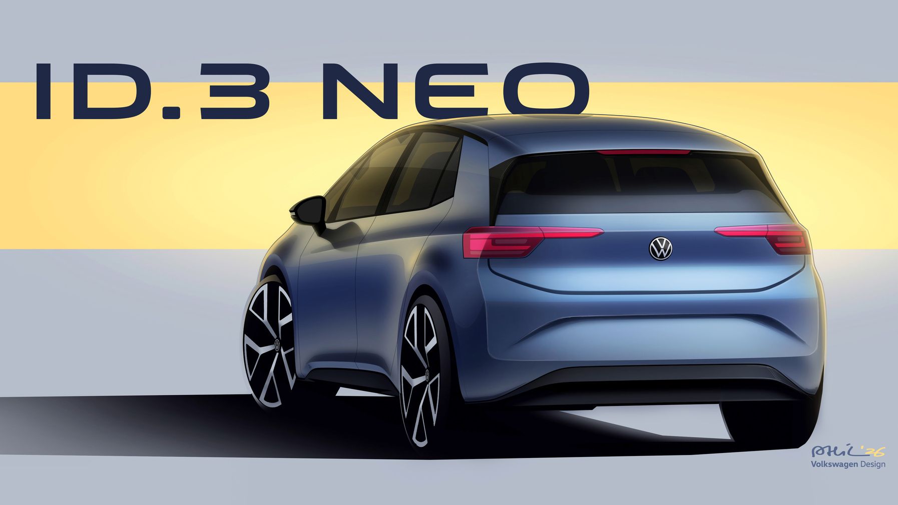 Ein hellblaues Elektroauto, das von hinten gezeigt wird, mit dunklen, sportlichen Felgen und einem modernen Design. Oben steht der Text "ID.3 NEO". Rechts unten befindet sich ein kleines Logo von Volkswagen Design.