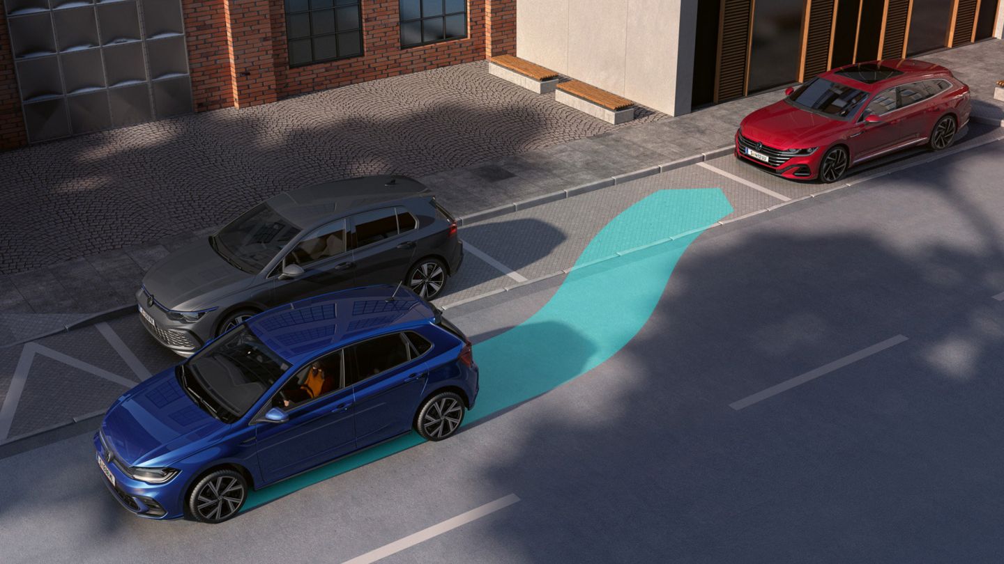 Grafische Darstellung des Fahrassistenzsystems "Park Assist" am VW Polo. 