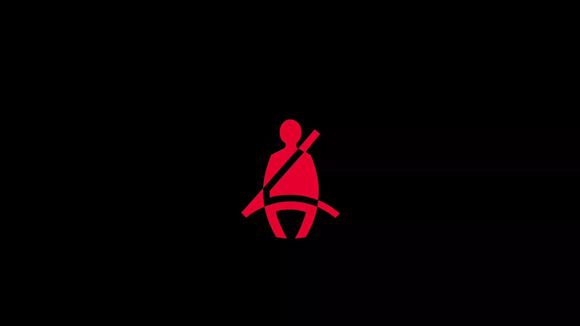 Rotes Sicherheitsgurtsymbol auf schwarzem Hintergrund. Ein stilisiertes Männchen ist angeschnallt dargestellt. Symbolisiert den Hinweis zum Anschnallen im Auto.