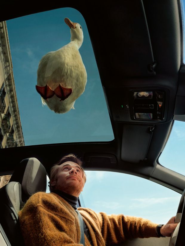 Ein Mann sitzt auf dem Fahrersitz eines VW ID. Polo und schaut nach oben durch das Panoramadach, auf dem eine weiße Ente sitzt.