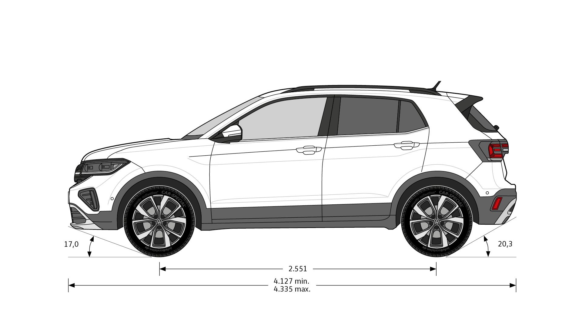 Seitliche Ansicht des T-Cross inklusive der Abmessungen