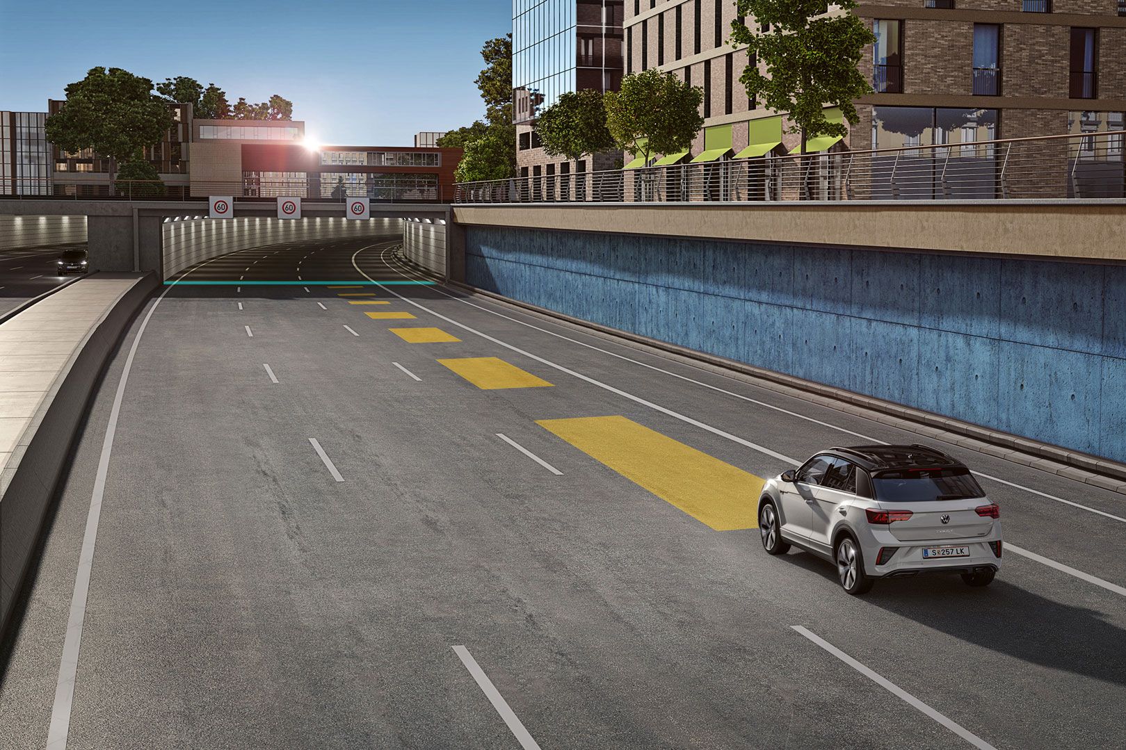 Grafische Darstellung der automatischen Distanzregelung ACC am VW T-Roc