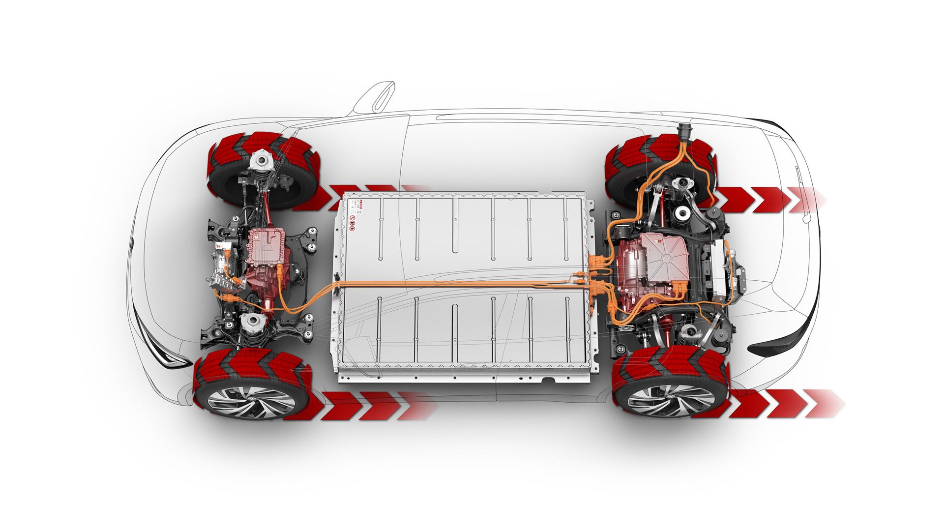 Technische Grafik des VW ID.4 zeigt Kraftübertragung von zwei Elektromotoren auf die Räder.