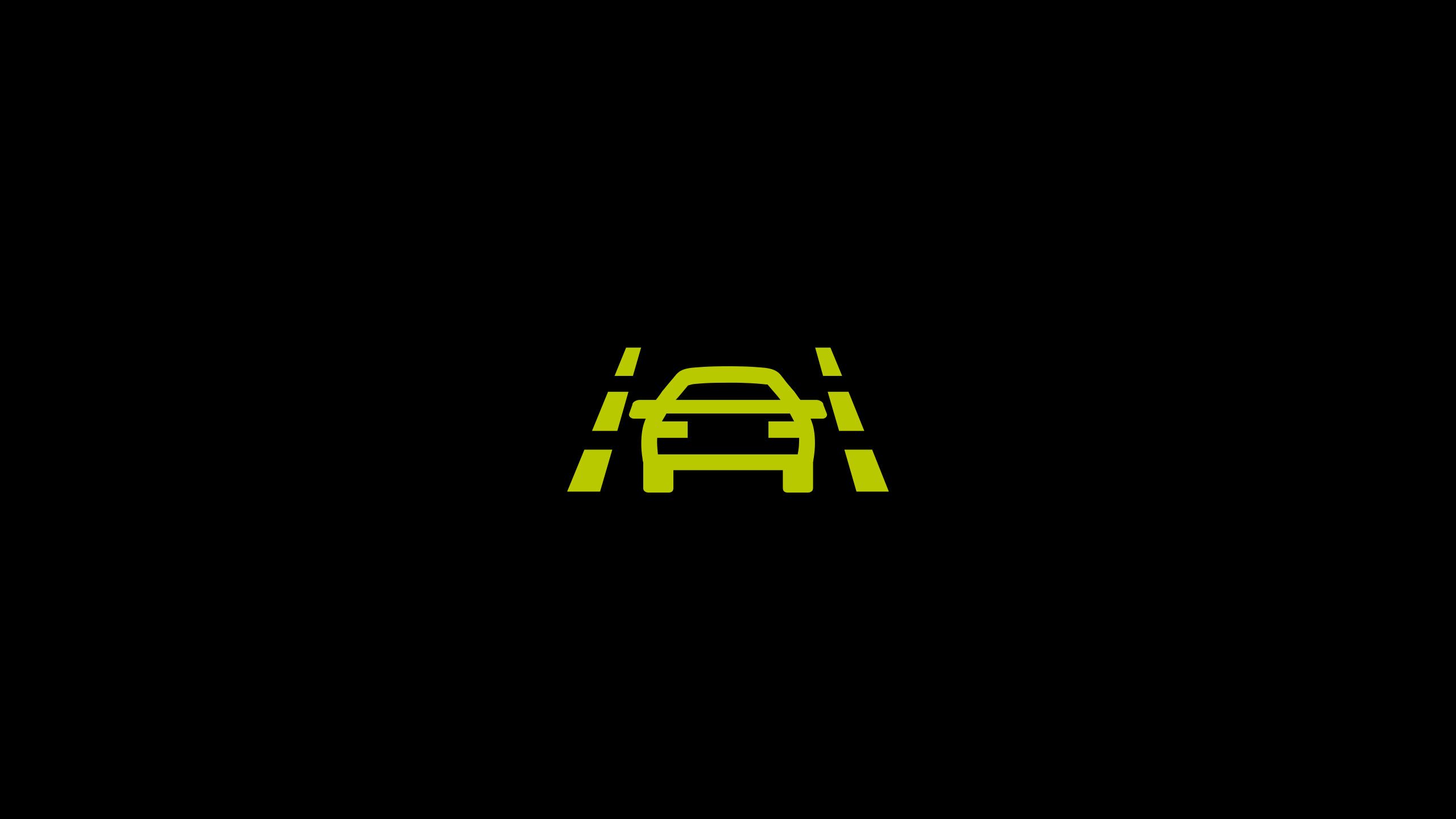 Ein Icon mit einem grünen Auto, das zwischen zwei Begrenzungslinien auf einer Straße fährt, vor einem schwarzen Hintergrund.