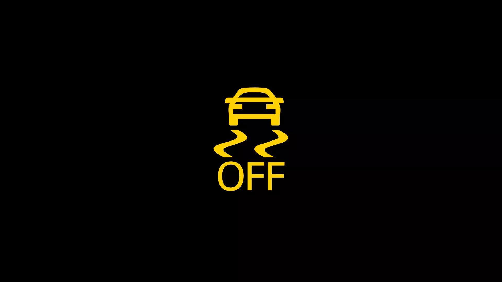 Ein gelbes Symbol auf schwarzem Hintergrund zeigt ein Auto über zwei geschlängelte Linien. Darunter steht das Wort "OFF" in Großbuchstaben. Dies deutet darauf hin, dass die Traktionskontrolle deaktiviert ist.
