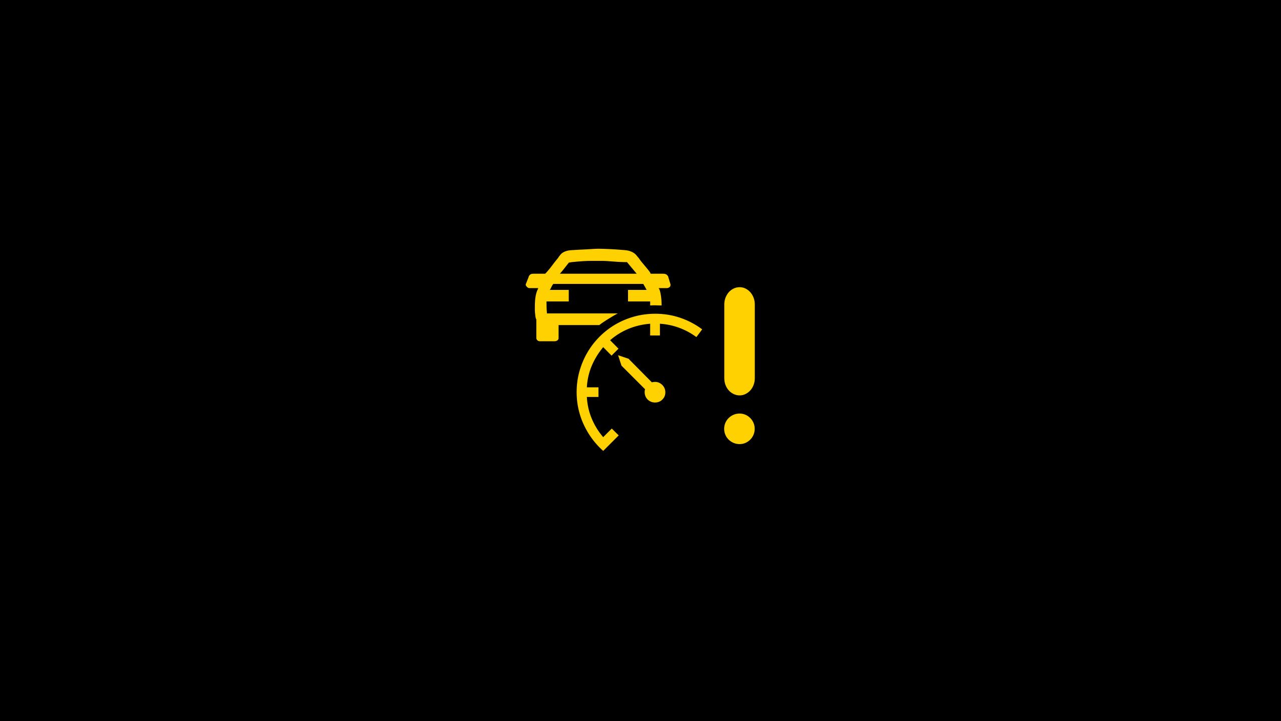 Gelbes Symbol eines Autos und eines Tachometers mit einem Ausrufezeichen. Dies zeigt eine Warnung im Fahrzeug, die mit der Geschwindigkeit oder dem Tempomat zusammenhängt. Hintergrund ist schwarz.
