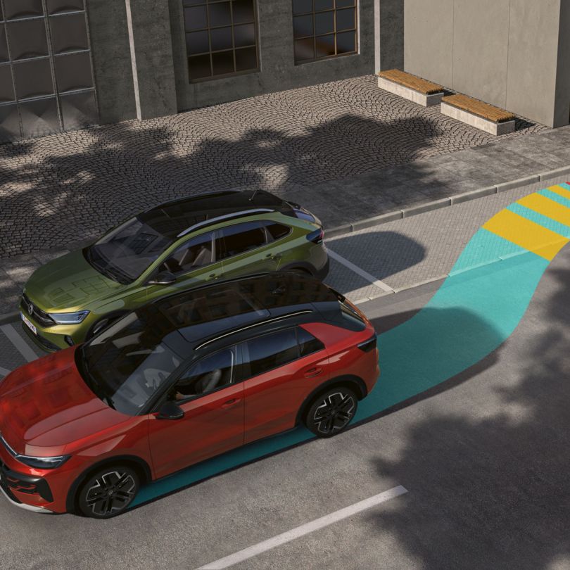 VW T-Roc Grafik zeigt einen VW T-Roc der mit Park Assist Plus rückwärts in eine seitliche Parklücke einparkt.