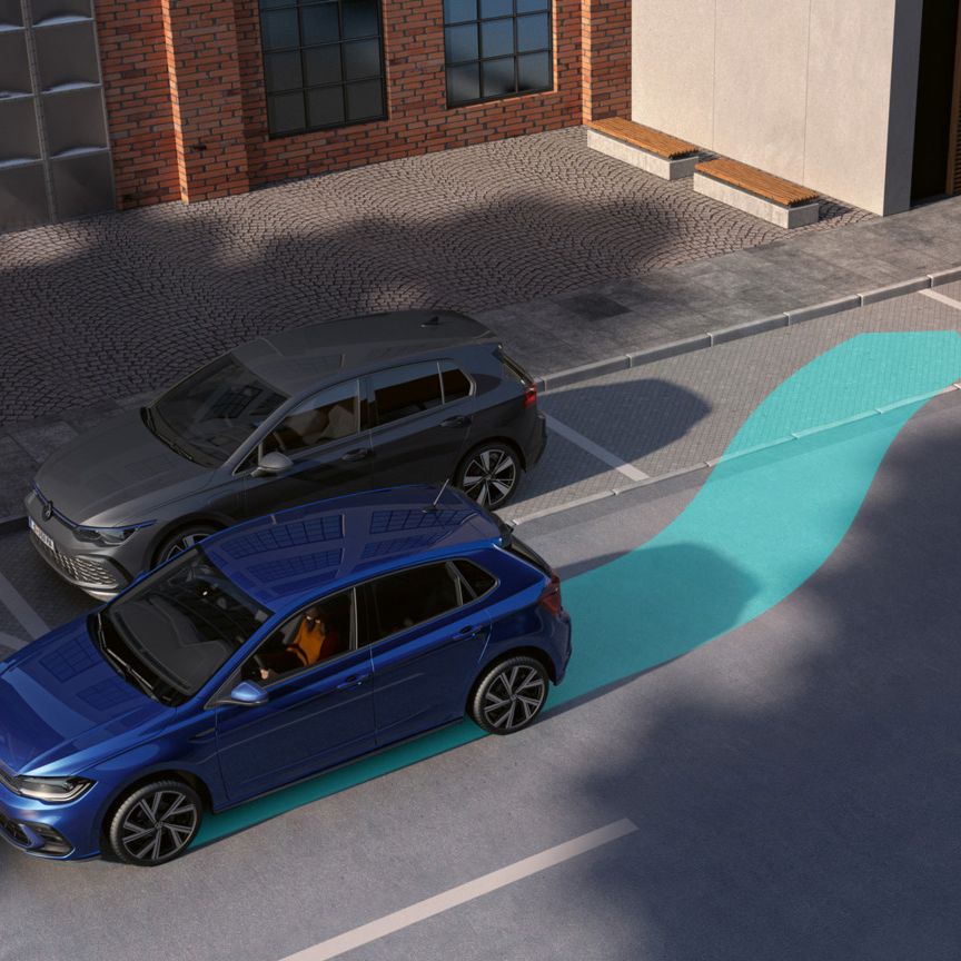 Illustration zeigt schematisch anhand eines VW T-Roc die Funktionsweise des Park Assist.