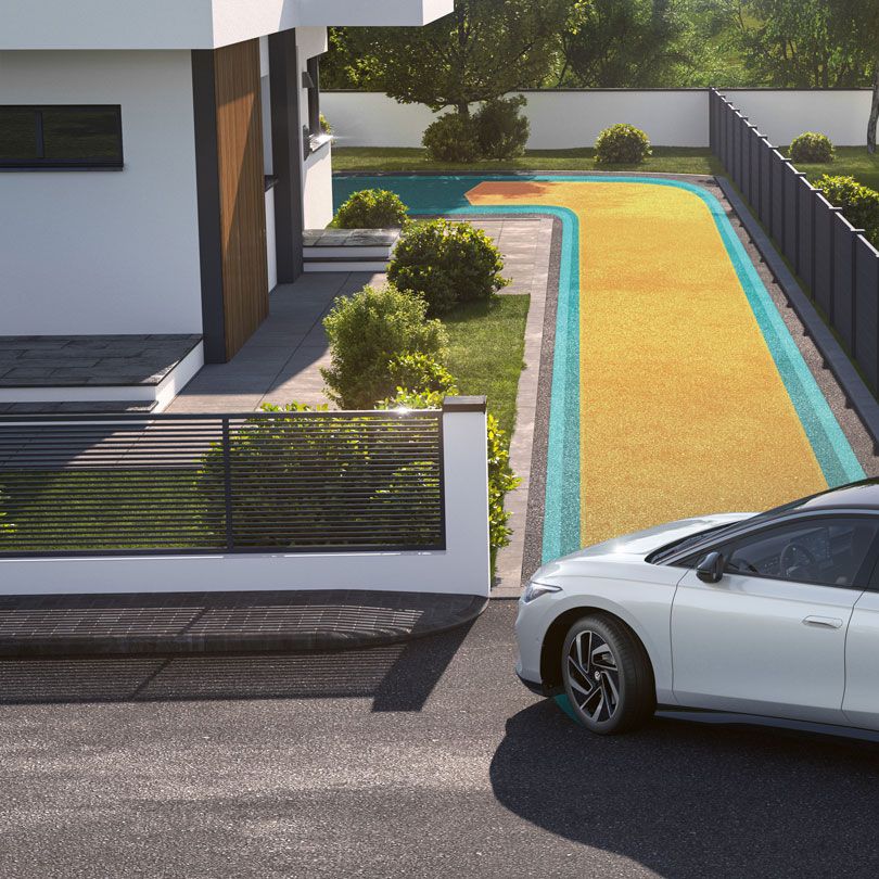 Illustration zeigt schematisch anhand eines VW ID.7 die Funktionsweise der Memory-Funktion für den Parkassistenten.