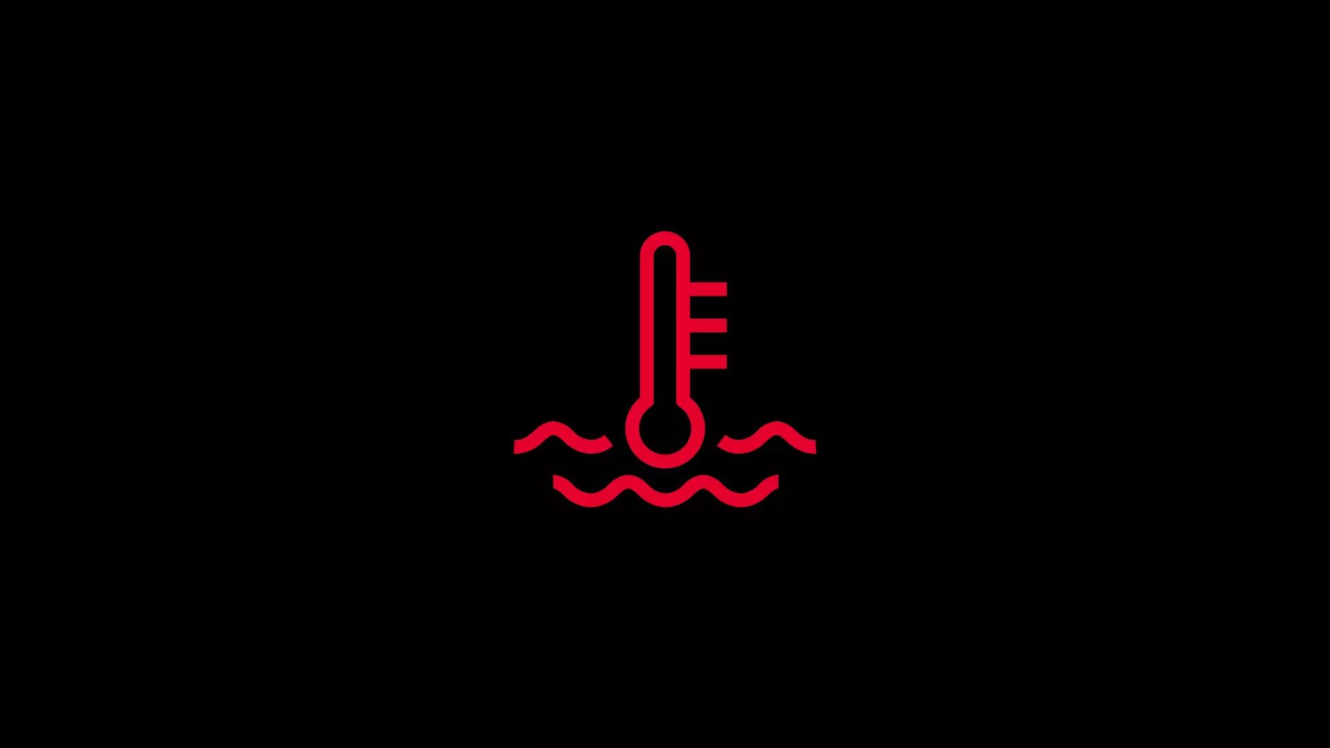 Rotes Symbol eines Thermometers, das von Wellen umgeben ist, vor einem schwarzen Hintergrund. Das Symbol deutet auf das Kühlmittel im Fahrzeug hin.