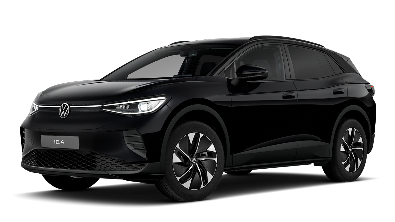 Ein schwarzer Volkswagen ID.4, ein Elektro-SUV, steht auf einem weißen Hintergrund. Das Auto ist aus der Vorderseite und leicht von der Seite sichtbar, zeigt das Logo des Herstellers und Leichtmetallräder. Ein Schild mit der Aufschrift "ID.4" ist am vorderen Kühlergrill angebracht.