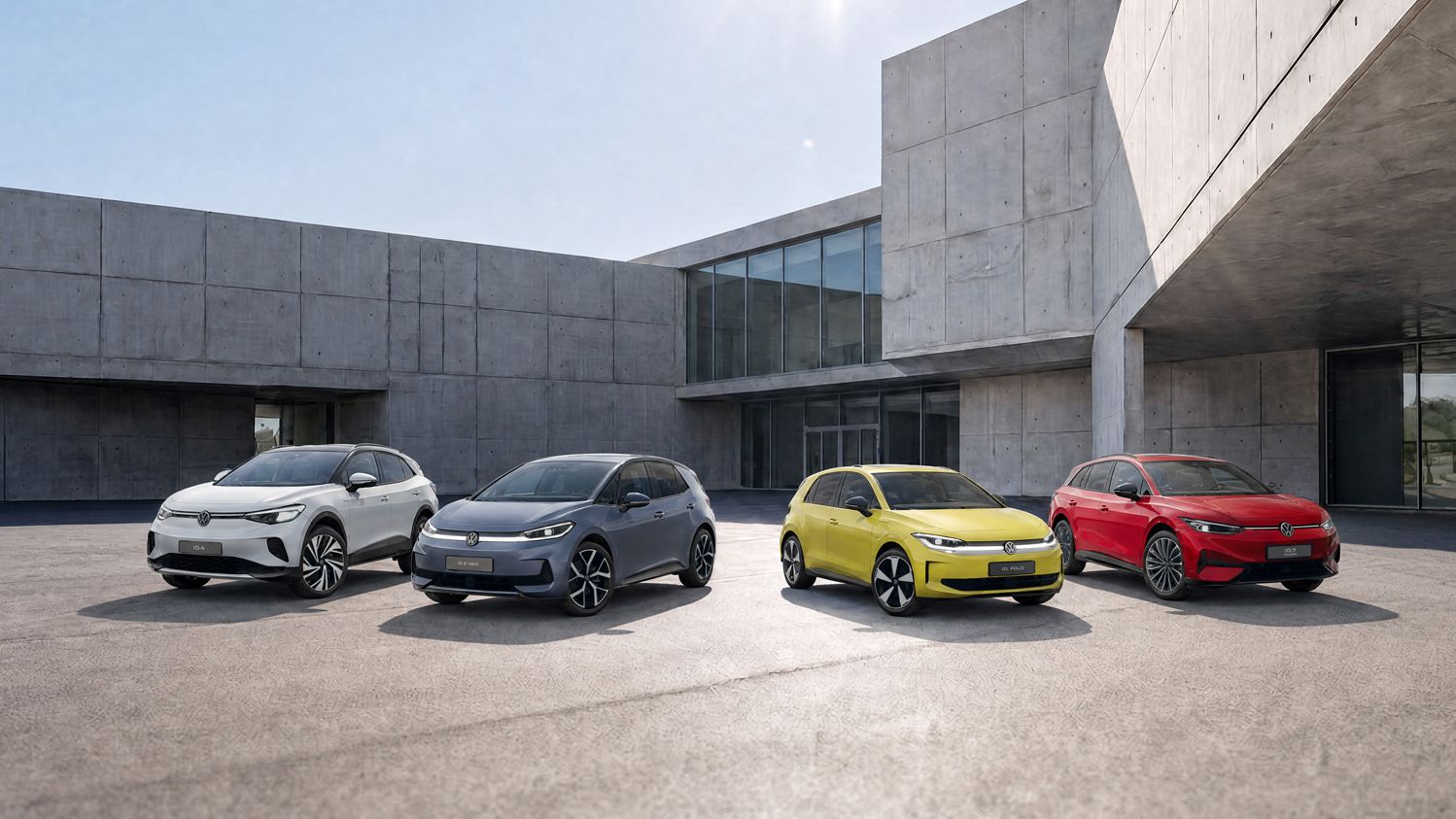 [AI-generated] – Vier moderne Elektroautos stehen nebeneinander auf einem weiten, leeren Platz vor einem minimalistischen Betongebäude. Die Fahrzeuge sind in den Farben Weiß, Grau, Gelb und Rot lackiert und wirken sportlich und futuristisch. Im Hintergrund scheint die Sonne am fast wolkenlosen Himmel und wirft klare Schatten auf den Betonboden.