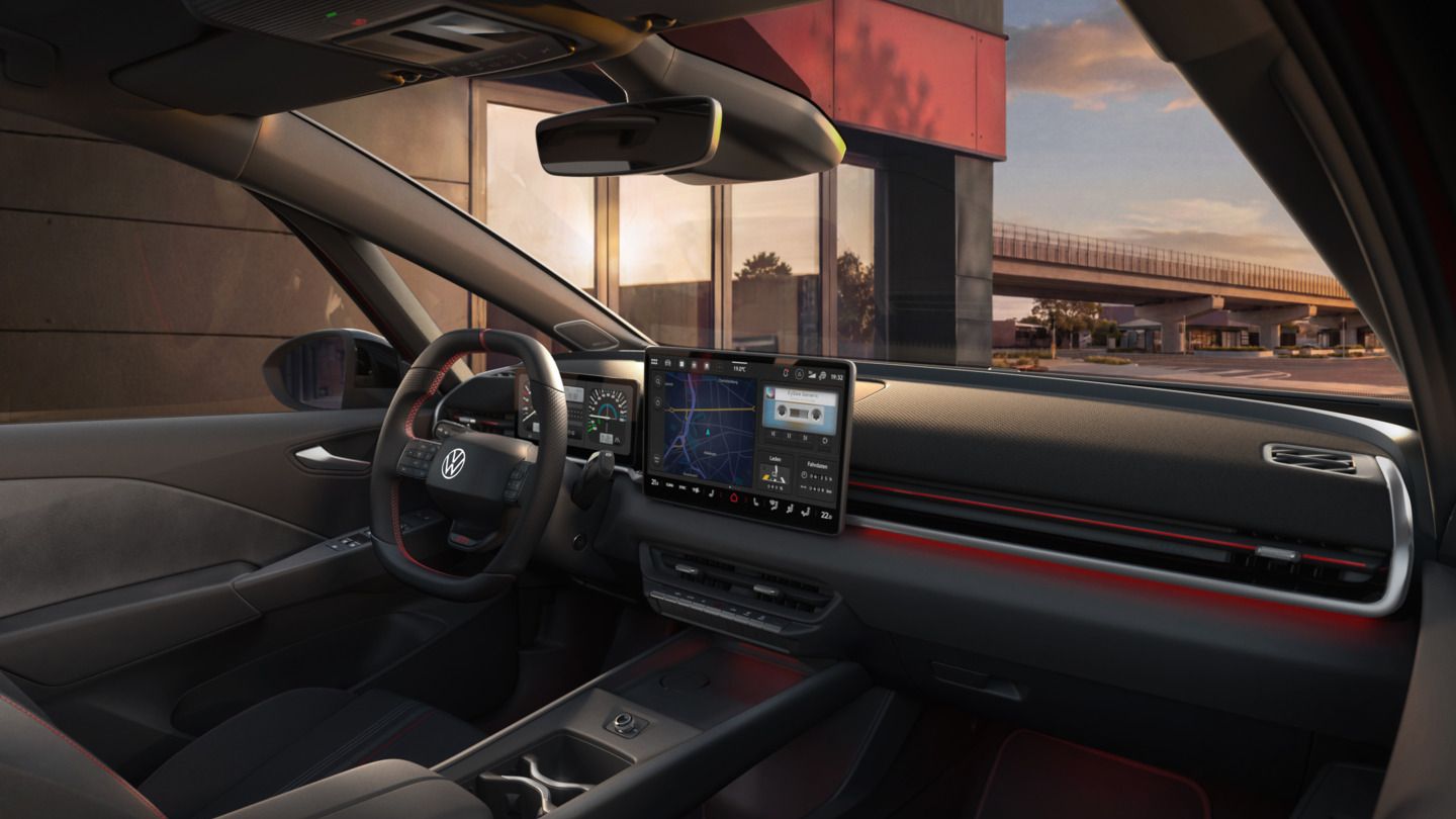 [AI-modified] – Blick auf Infotainment-System und Dekor eines VW ID.3 GTI kurz vor Sonnenuntergang