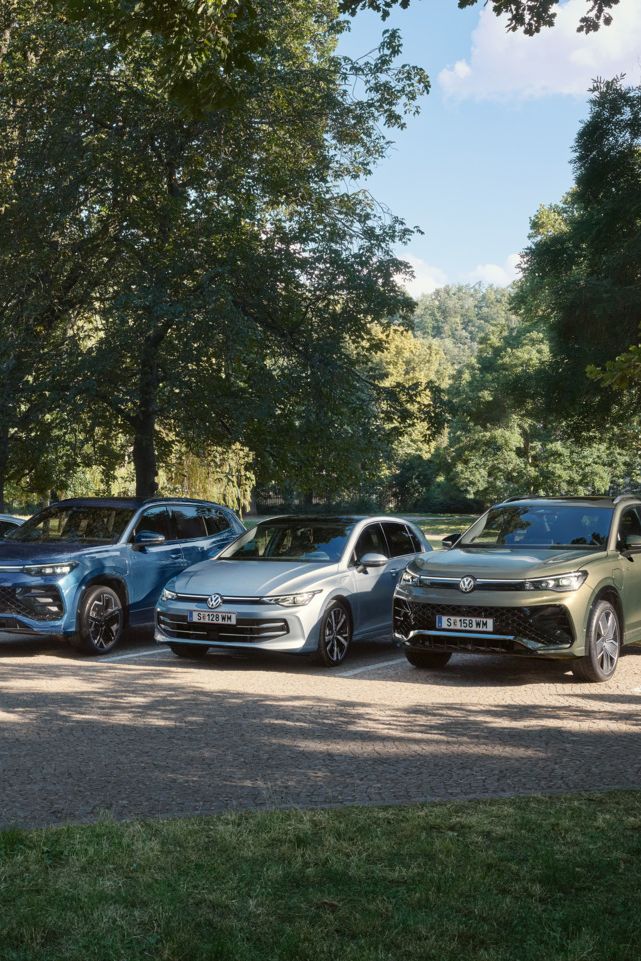 Vier VW Plug-In-Hybrid-Modelle stehen nebeneinander auf einem Parkplatz in einem Park.