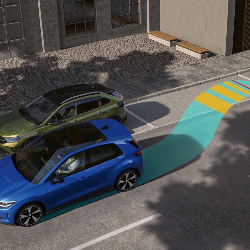 Illustration zeigt einen VW ID. Polo der mit Park Assist Plus rückwärts in eine seitliche Parklücke einparkt.