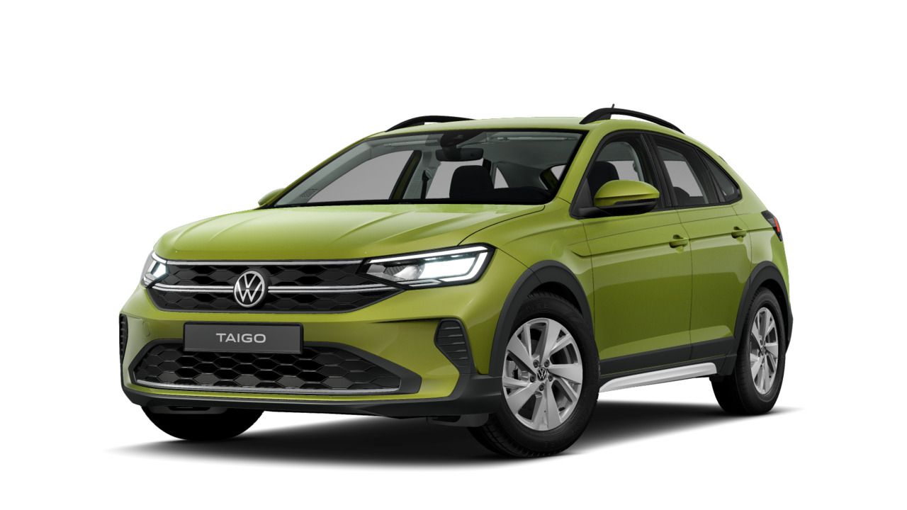 Schräge Frontansicht eines grünen VW Taigo Life