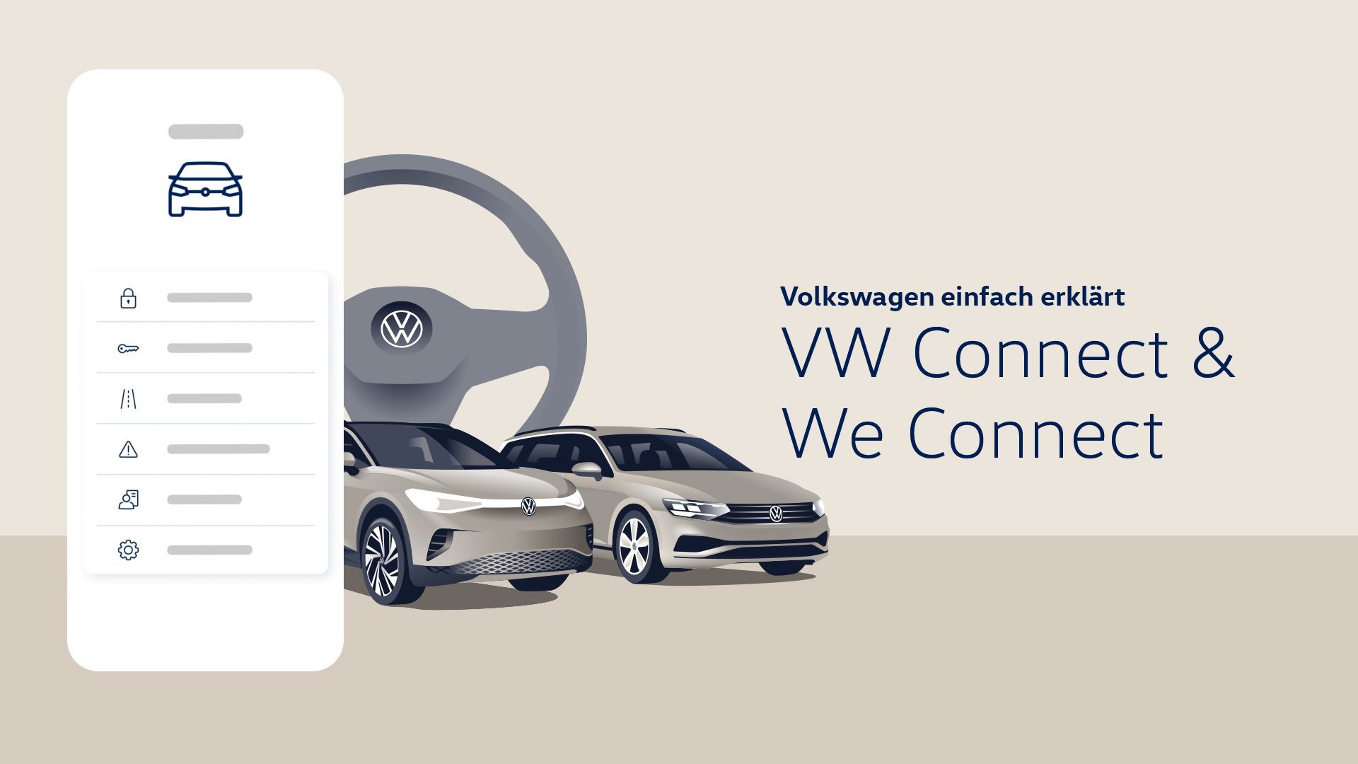 Illustration zum Thema Volkswagen Connect & We Connect. Im Vordergrund ist ein Smartphone mit Icons und ein Lenkrad zu sehen. Im Hintergrund sind zwei Volkswagen-Autos platziert.