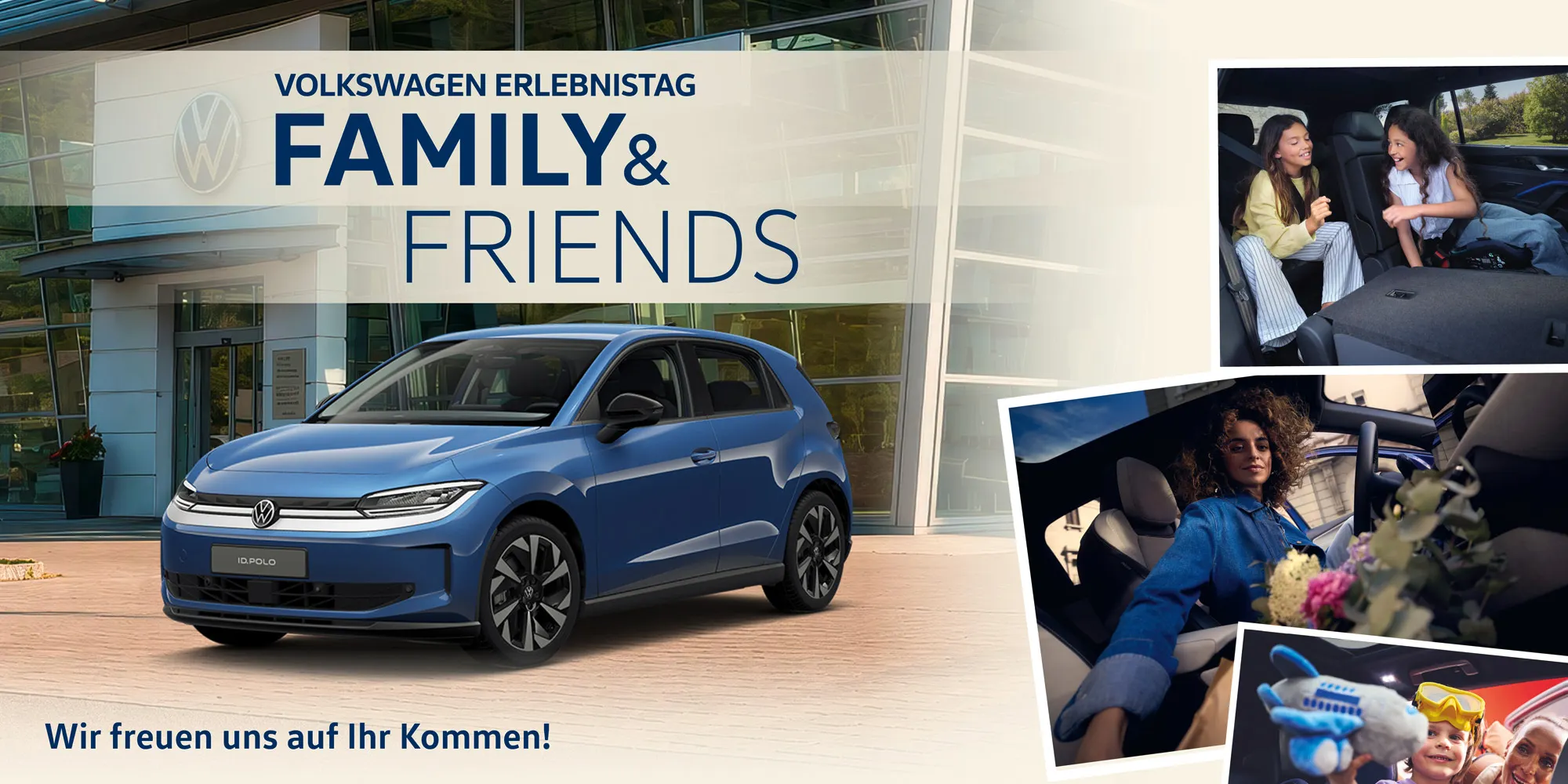 [AI-modified] – Werbeanzeige für den „Volkswagen Erlebnistag Family & Friends“ mit einem blauen VW-Auto im Vordergrund vor einem modernen VW-Autohaus. Rechts zeigen mehrere kleinere Fotos eine Familie und Freunde beim gemeinsamen Ausflug im Auto, darunter Kinder beim Spielen und Menschen beim Ein- und Aussteigen. Unten steht der Text „Wir freuen uns auf Ihr Kommen!“.