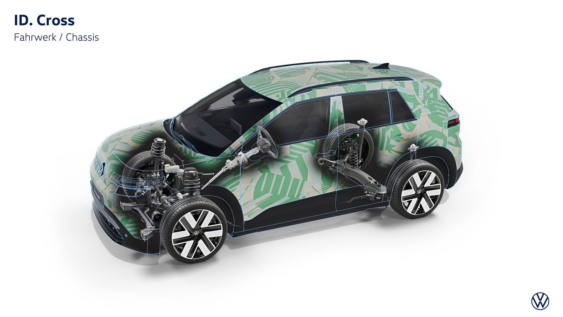 Ein Auto des Modells ID. Cross, dargestellt mit transparenten Segmenten, die das Fahrwerk und das Chassis zeigen. Die Außenkarosserie ist in einem grünen Tarnmuster gehalten. Die technischen Komponenten des Fahrwerks sind sichtbar und detailliert dargestellt.