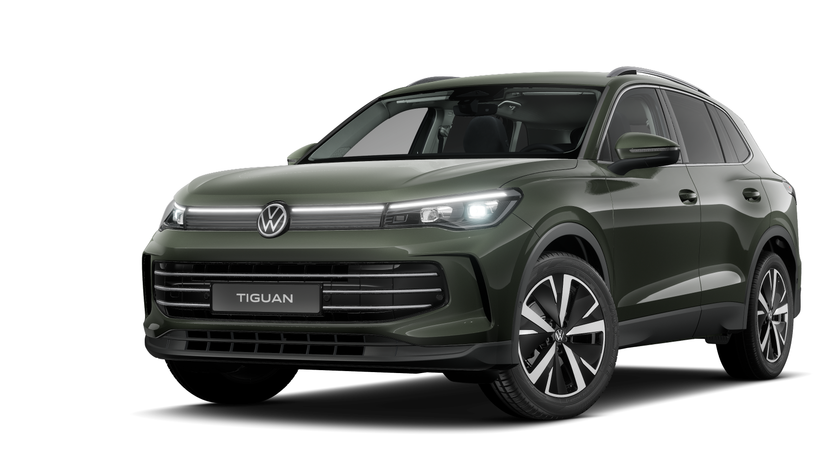 Schräge Frontansicht des Tiguan in Cipressino-Grün Metallic