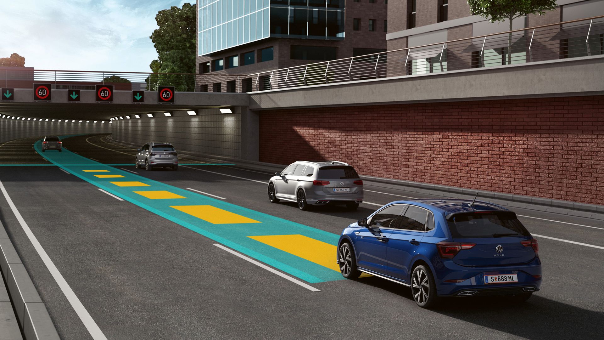 Illustration zeigt schematisch anhand eines VW Polo die Funktionsweise beim Travel Assist.