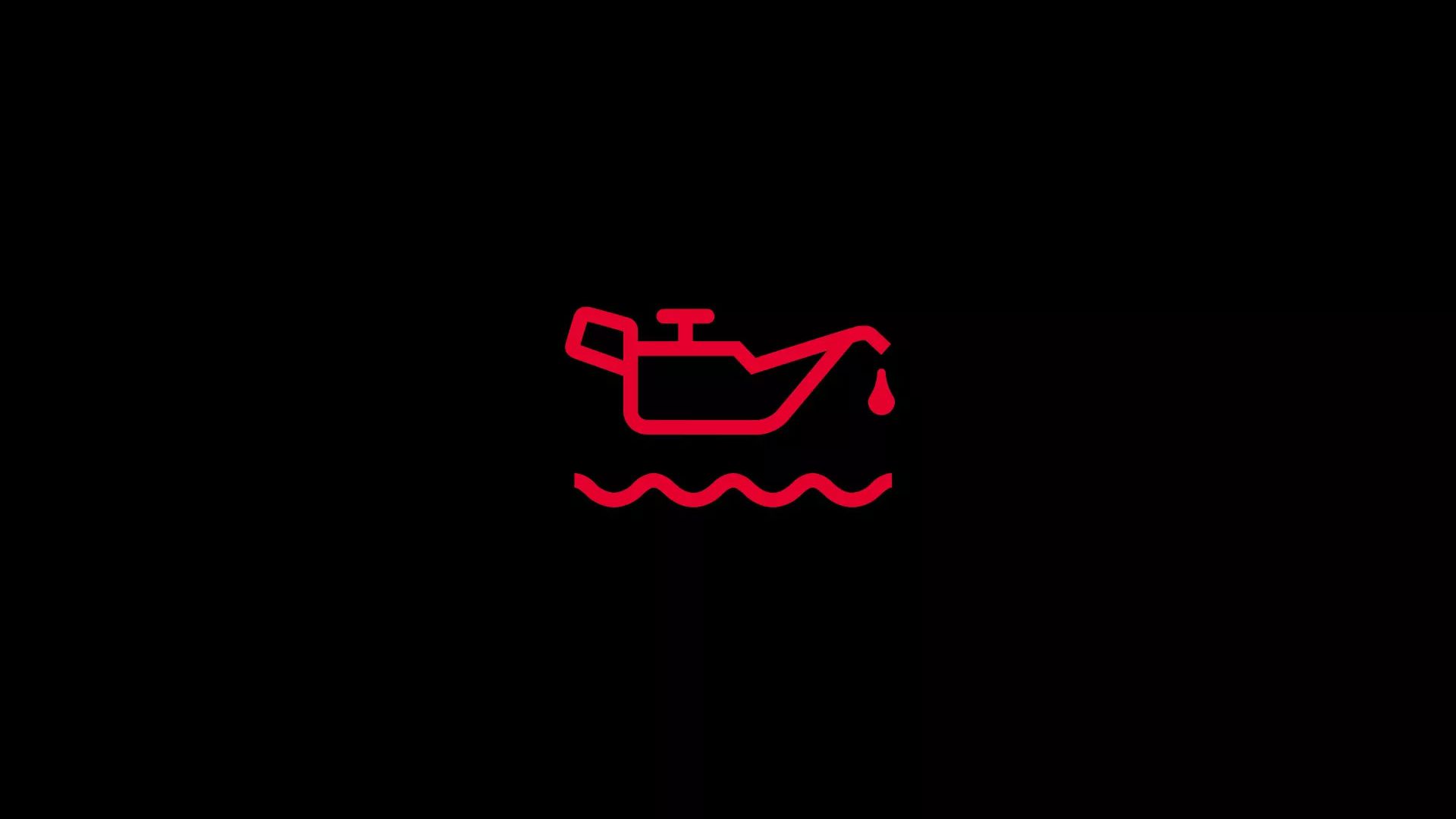 Ein rotes Symbol eines Ölkännchens, aus dem ein Tropfen Öl auf eine Linie mit wellenförmigen Kanten fällt. Dies deutet auf niedriges oder auslaufendes Motoröl hin. Hintergrund ist schwarz.
